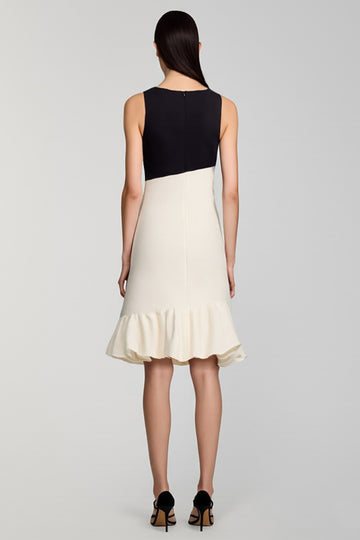 Ivory and Black Scoop Neck Sheath Formal Dress with Ruffles
